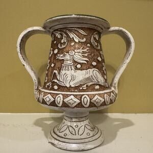 Deruta Italian Pottery Vase La Pinturicchio Sgraffito Handmade Deer Stag Vintage